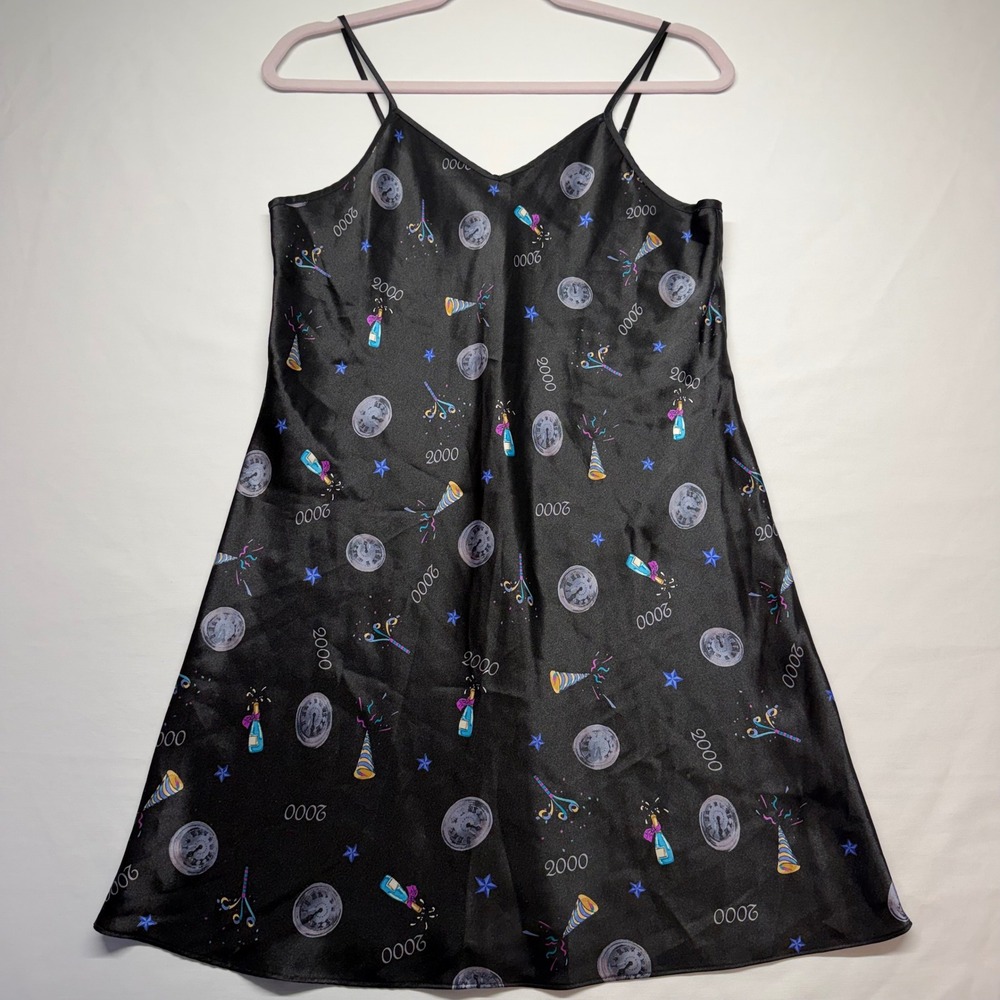 Vintage Y2K Millennium 2000 New Years Eve Satin Slip Dress Novelty Print M Rare
